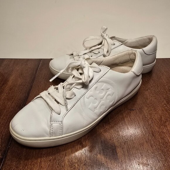 Tory Burch Women's Double T Howell Court Sneakers Size 8.5 M White Leather - Picture 1 of 16